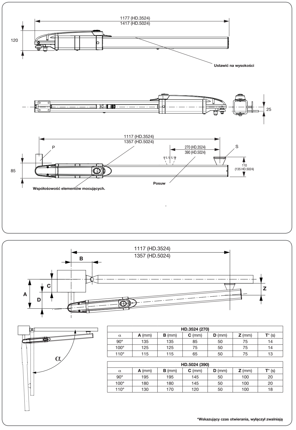 wymiary i montaż silownikow hydraulicznych beninca HD.3524EAC HD.5024EAC
